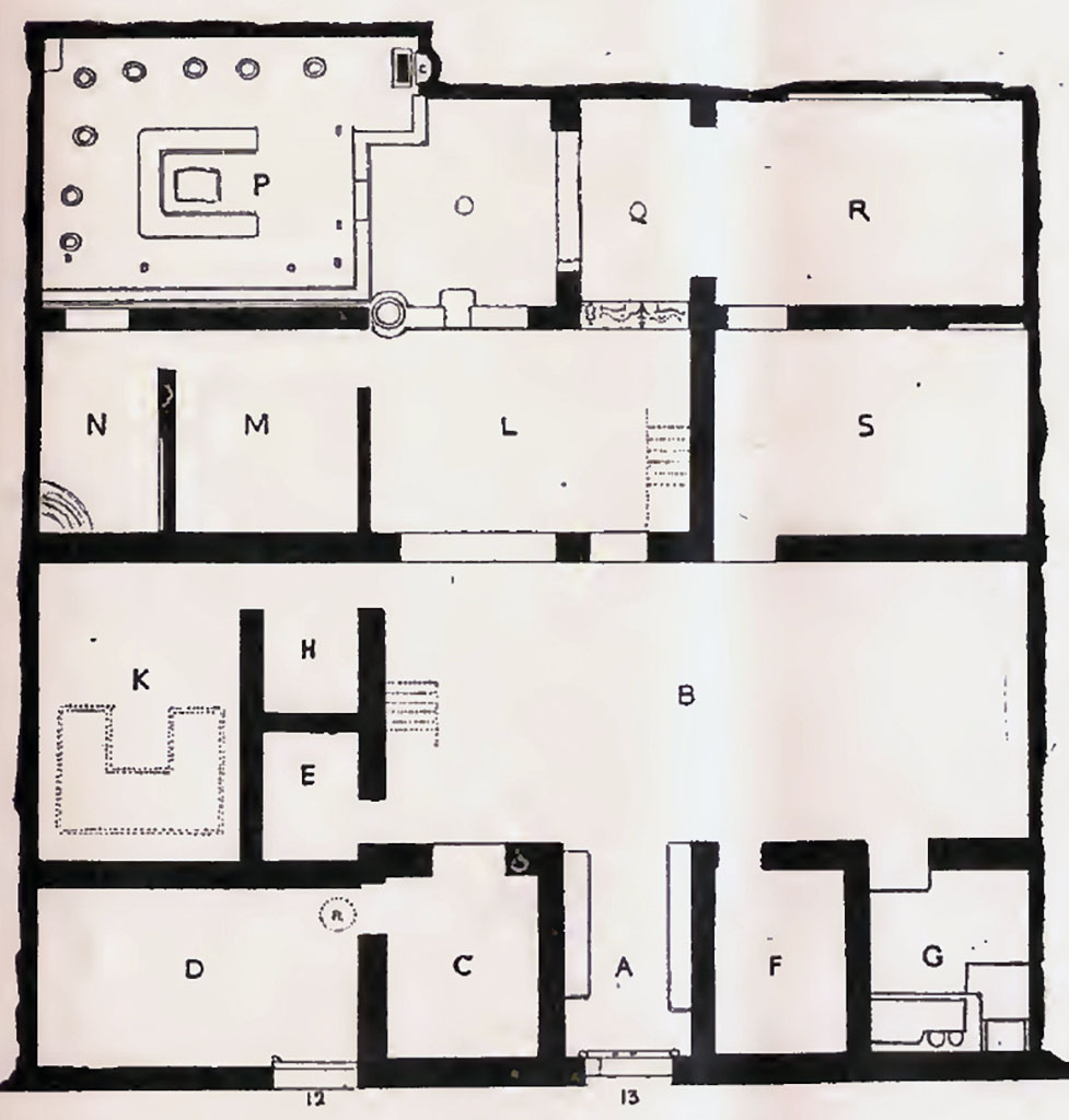 V.4.13. Pompeii. Room plan from Notizie degli Scavi, 1905, p.87, fig. 1. 
The room letters are those referred to on the pompeiiinpictures pages for V.4.13 and are those used in the 1902-5 excavation plan and report.
See Notizie degli Scavi di Antichita, 1905, p. 85ff. 
This plan is to help you accurately locate the rooms shown in the photographs of this house. 
Please be aware that the room numbers shown may differ from any other plans or records both published and unpublished. 